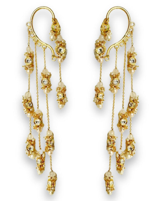 Gold Plated Kundan Layered Earcuff With Earrings Designed With White Colour Semi-Precious Stones And Light In Weight Bold Look Contemporary Style