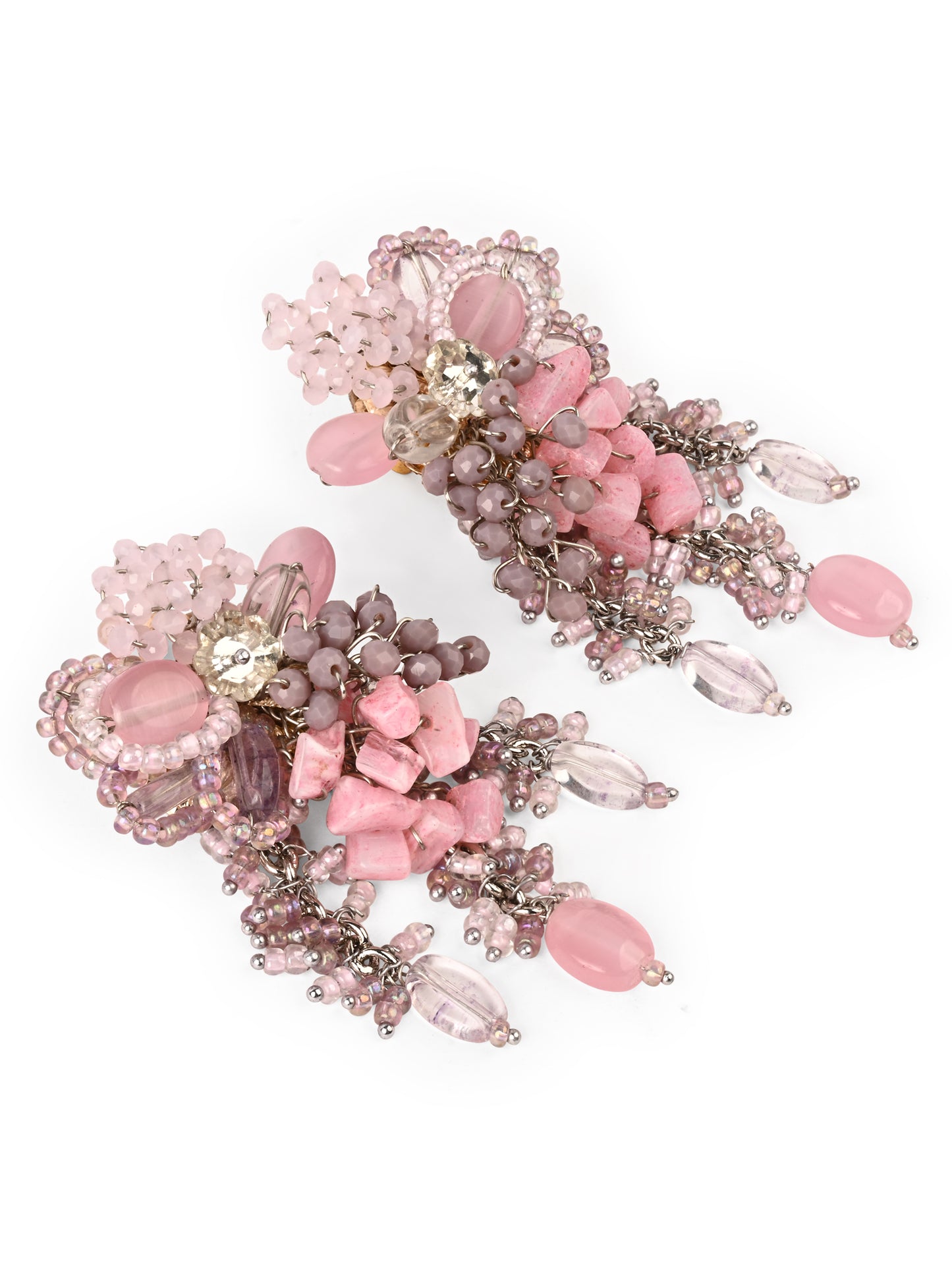 Pink And Lilac Stone Medium Size Chain Tassel Earrings