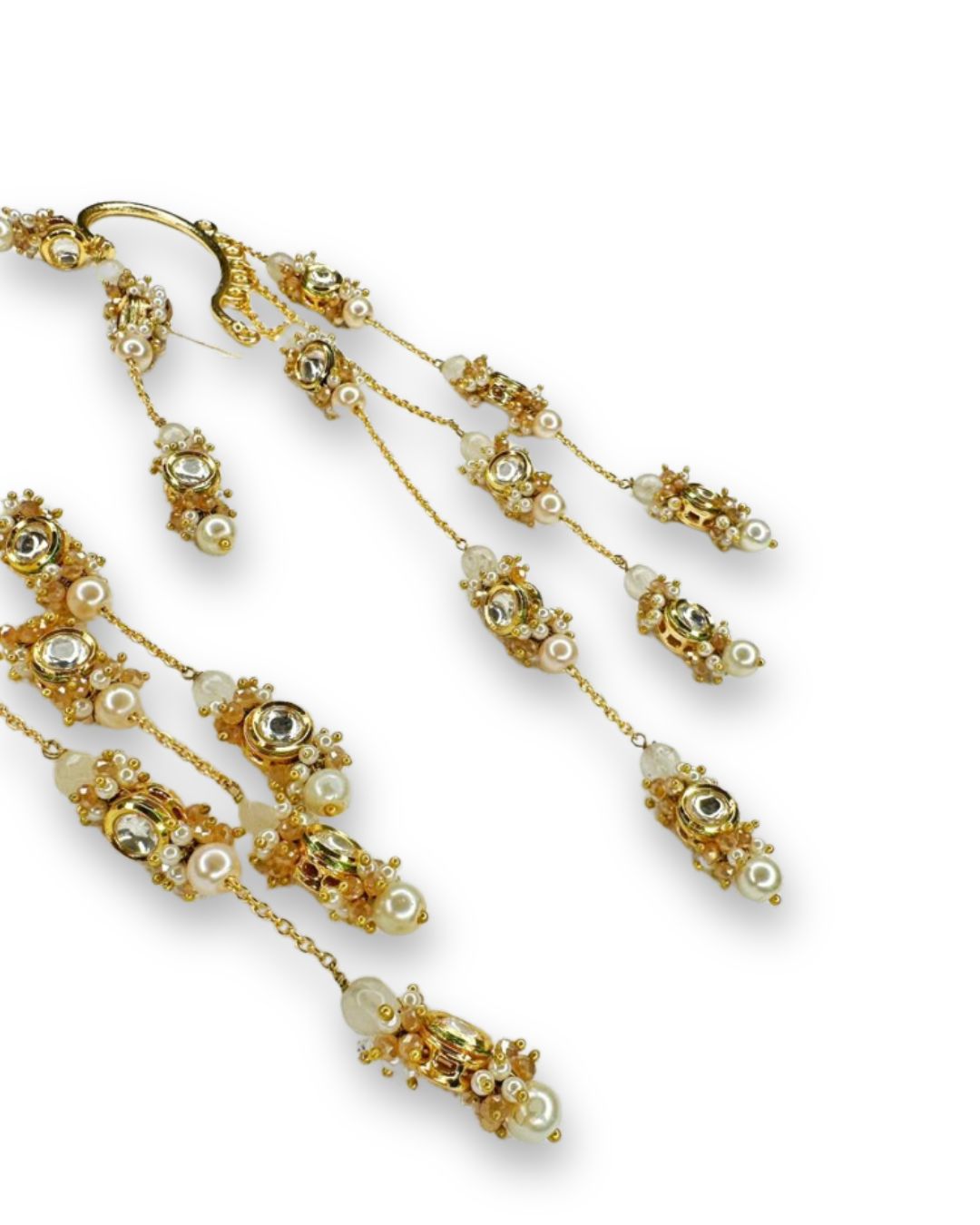 Gold Plated Kundan Layered Earcuff With Earrings Designed With White Colour Semi-Precious Stones And Light In Weight Bold Look Contemporary Style