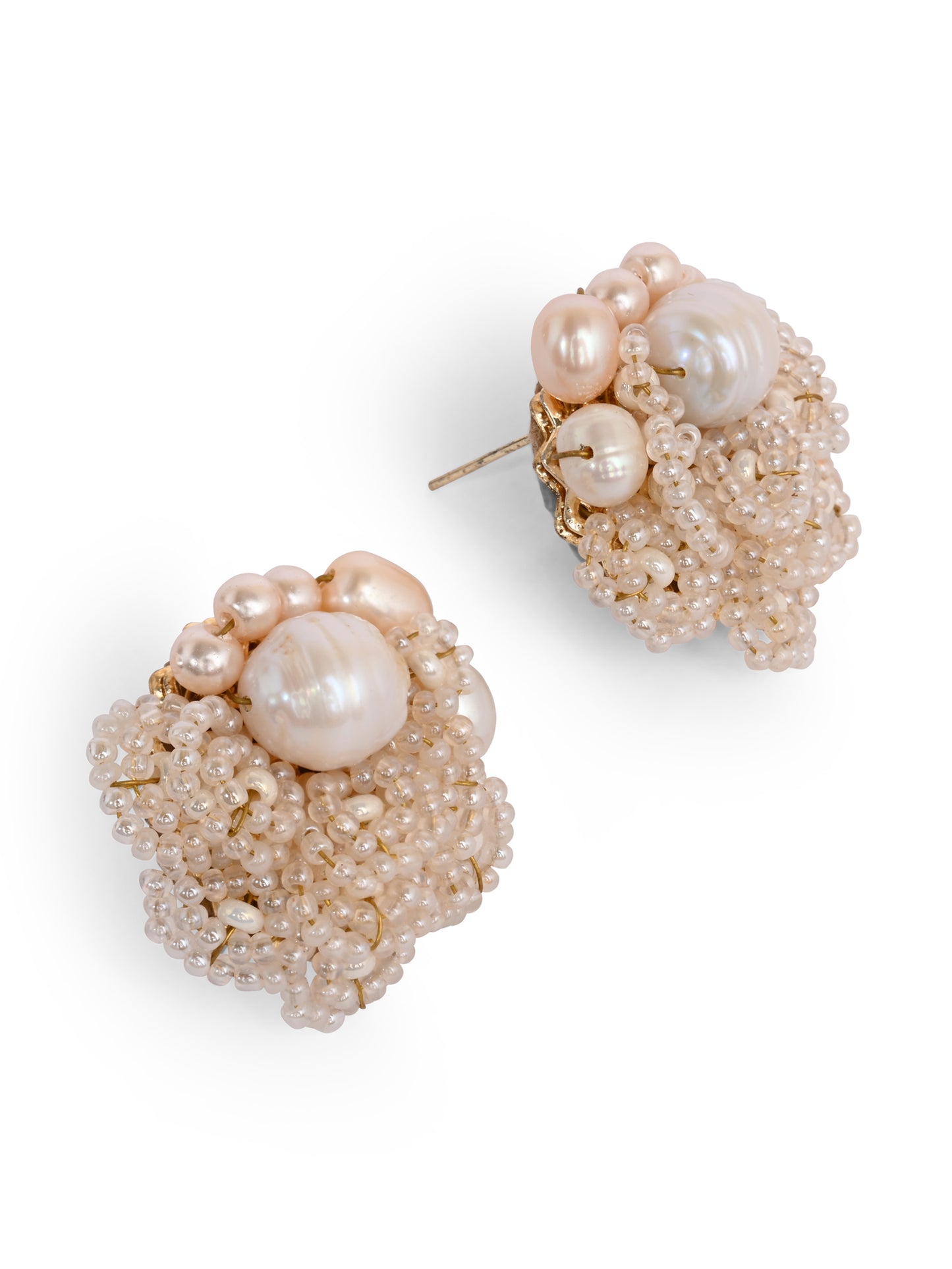 Gold Plated Round Flower Pearl Earrings Peach Crystal