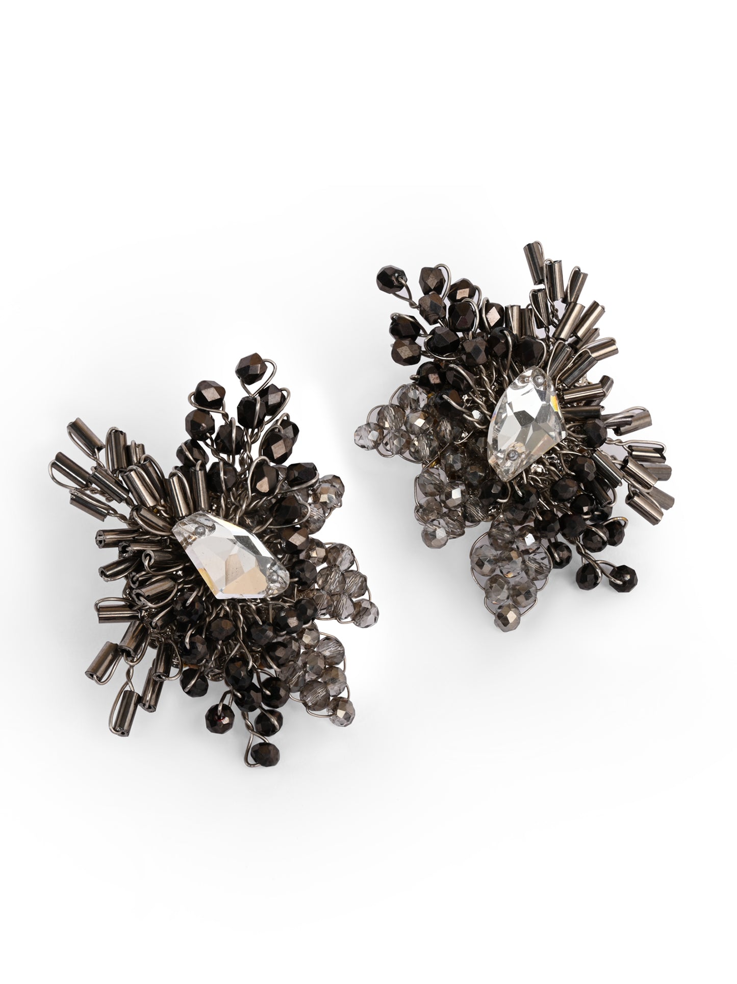 Modern Black And Silver Plated Stone Stud Earrings