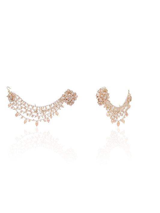 Handcrafted Peach Pearl and White Bead Multi-Strand Ear Chain Earrings with Floral Cluster Studs for Traditional and Bridal Look