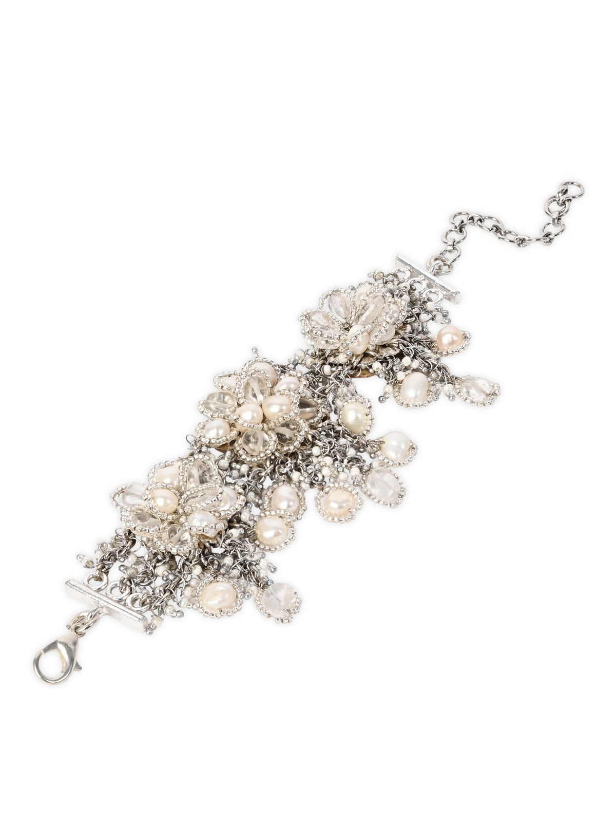 Handcrafted White & Silver Statement Bracelet with Intricate Hanging Charms, Pearl Beaded Detailing & Elegant Traditional Finish