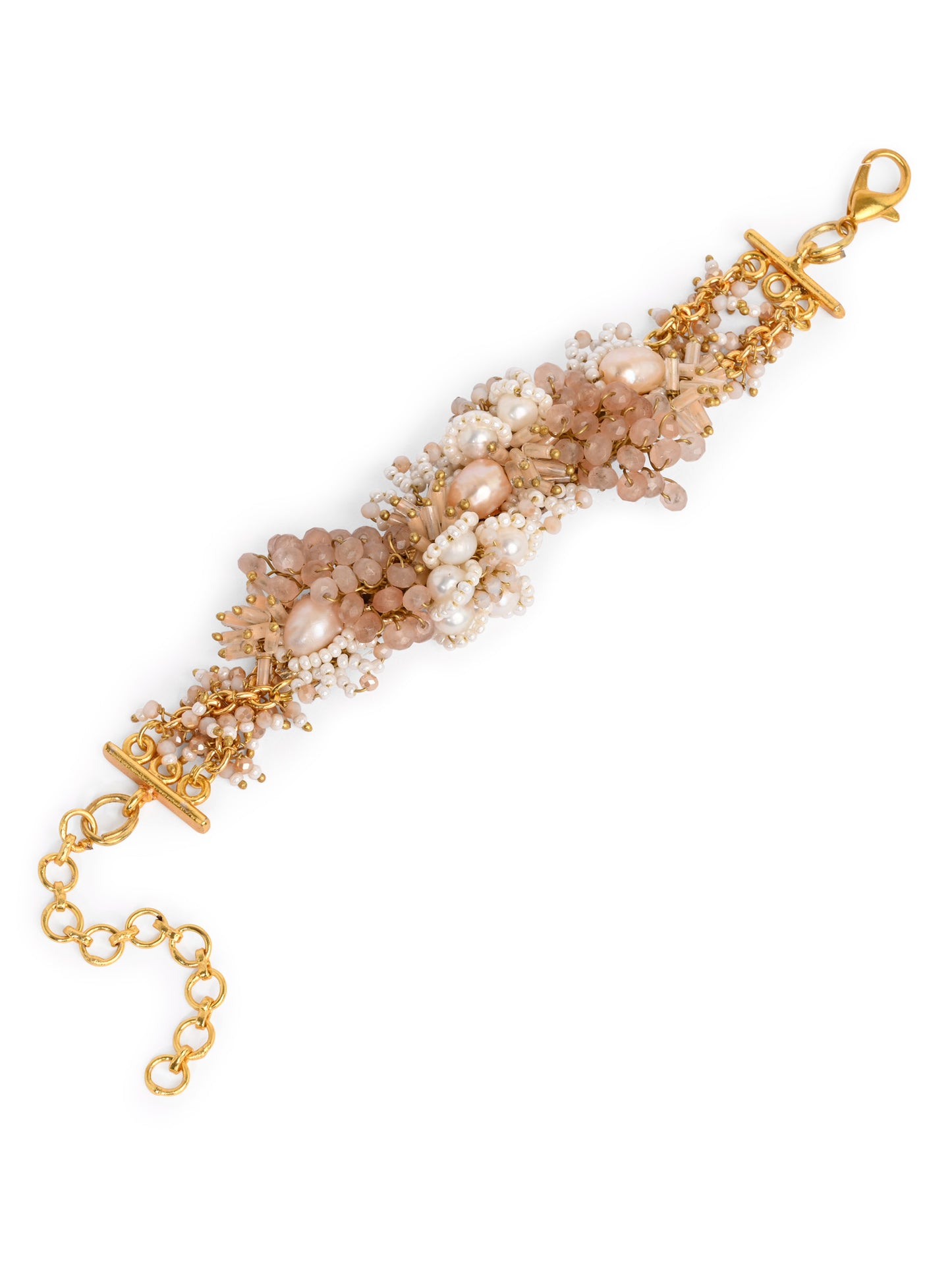 Long White Pearl With Peach Stone Gold Plated Floral Bracelet