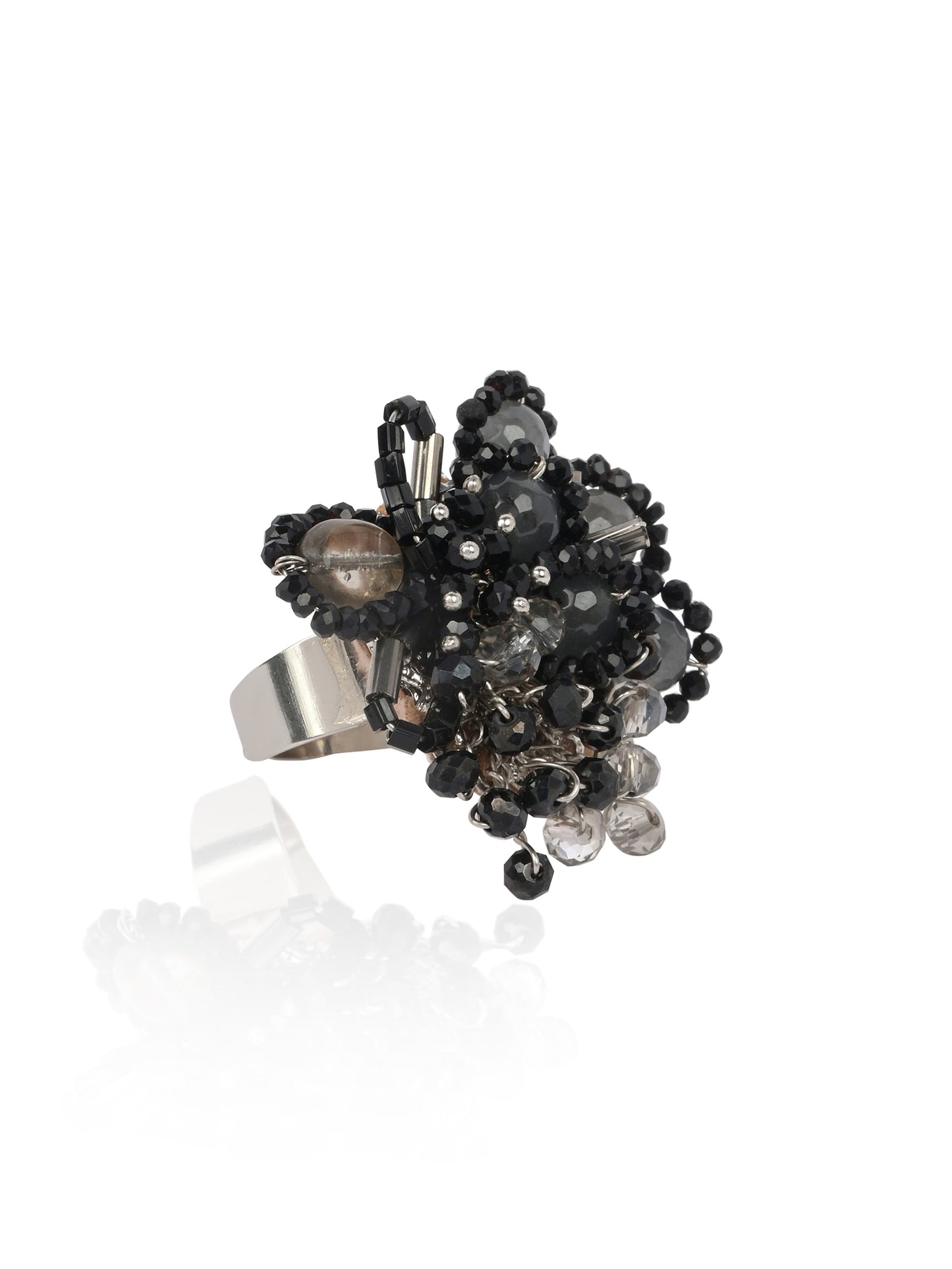 Jet Black And Grey Stone Crytsal Round Adjustable Ring