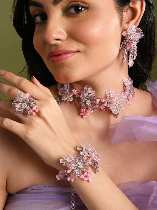 Pink Lilac Stone Floral Classic Choker Set Of 4 Carnival Jewelry