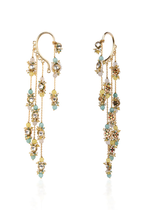 Gold Plated Kundan Layered Earcuff With Earrings Designed With Multi Colour Stores And Light In Weight Bold Look Contemporary Style