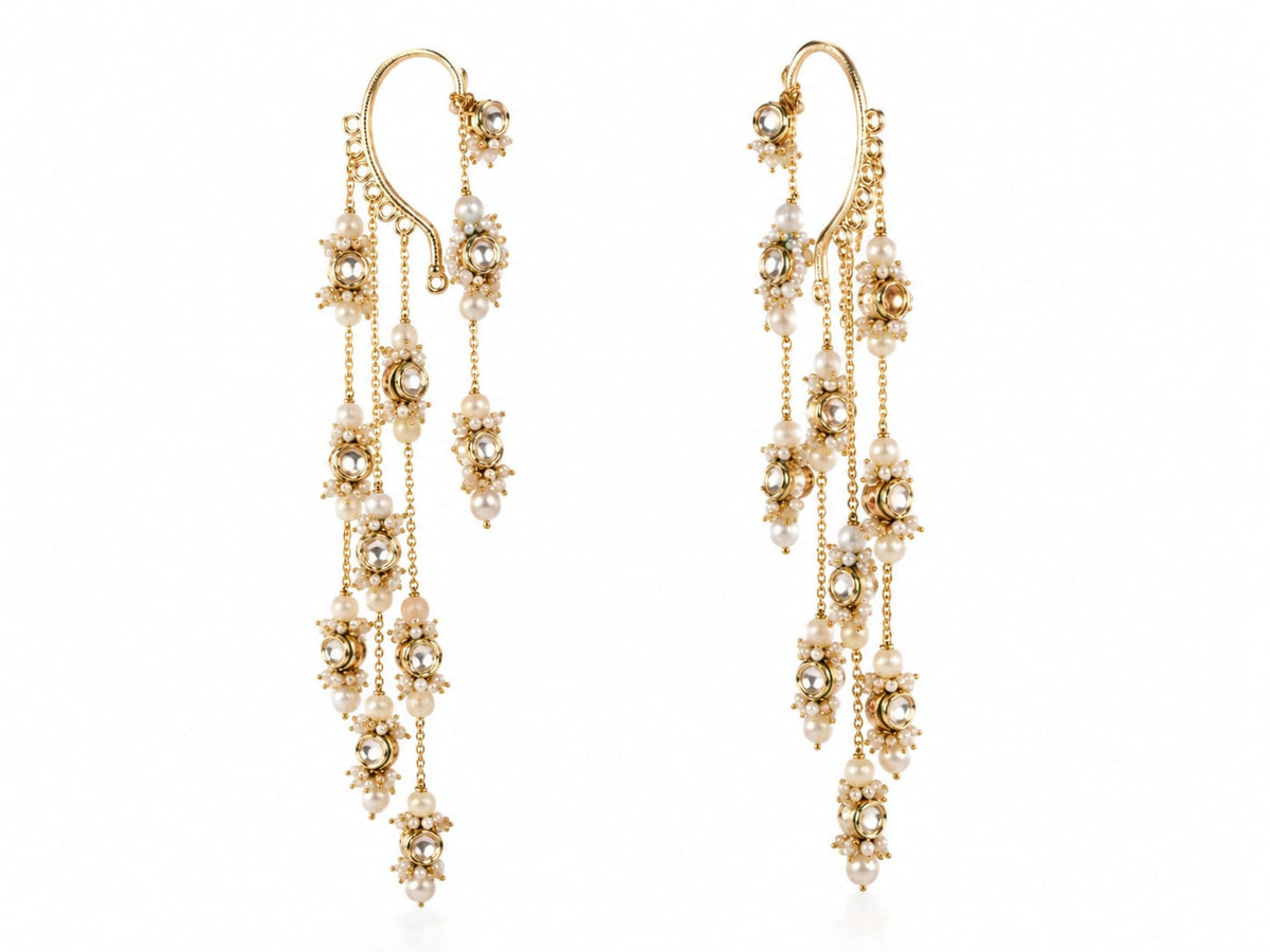 Gold Plated Kundan Layered Earcuff With Earrings Designed With White Colour Semi-Precious Stones And Light In Weight Bold Look Contemporary Style