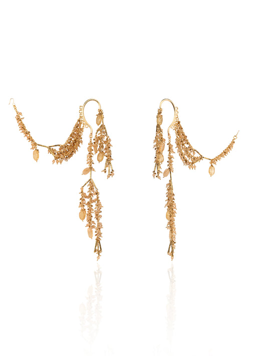 Trending Earcuff Earrings With Golden Hanging For Versatile Look With Extending Kaan Chain To Pin In The Hair For An Hair Style