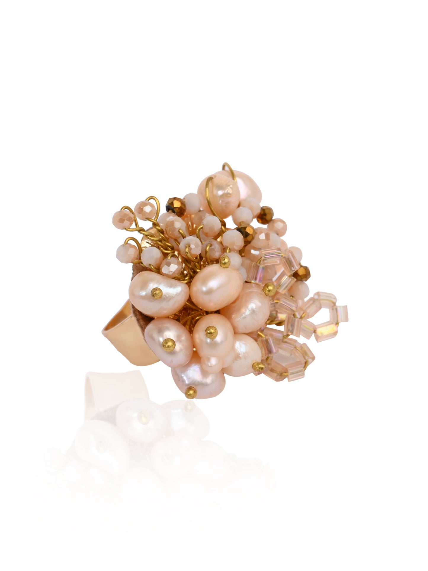 Peach Pearl And Crystal Gold Plated Ring For All Fingers