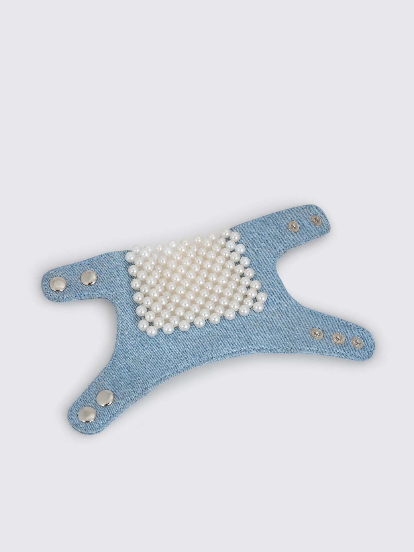 Denim Drapery Pearl Embellisshed Gloves