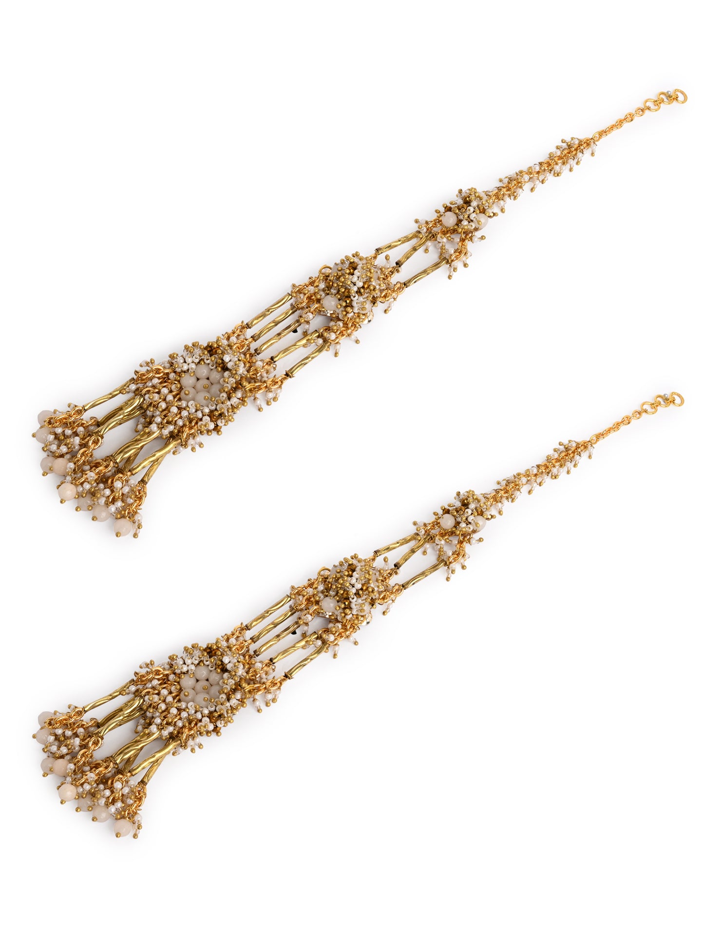 Gold Plated Base Metal Topped With Metallic Pipes Beige Stones And A Combination Of Golden Metallic Crystals Long Ear Chain Earrings