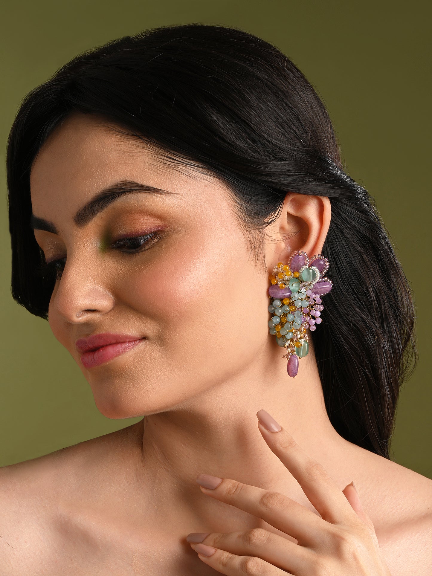 Gold Plated Colourful Stone Long Earrings