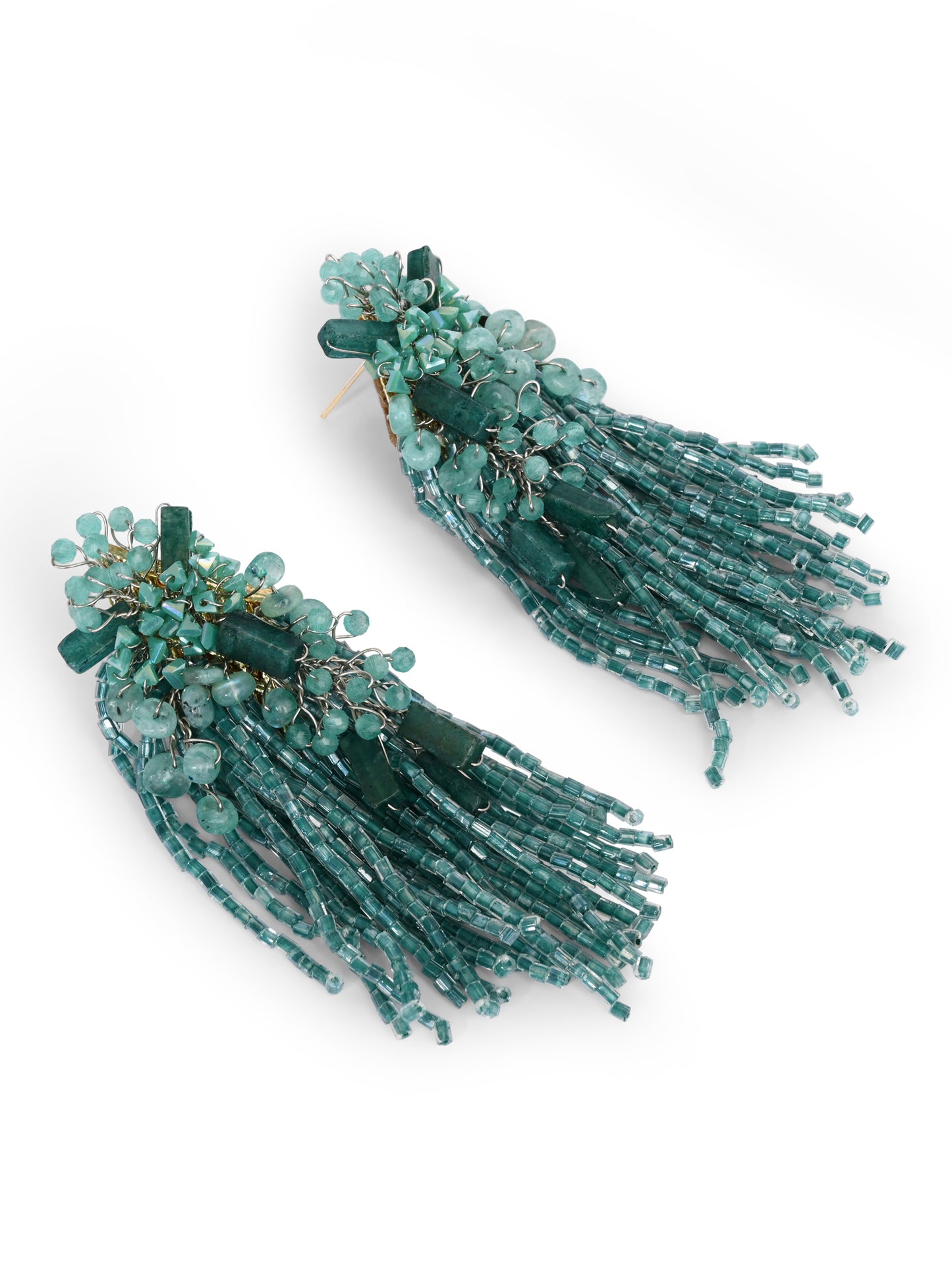 Gold Plated Emerald Green Long Tassel Earrings