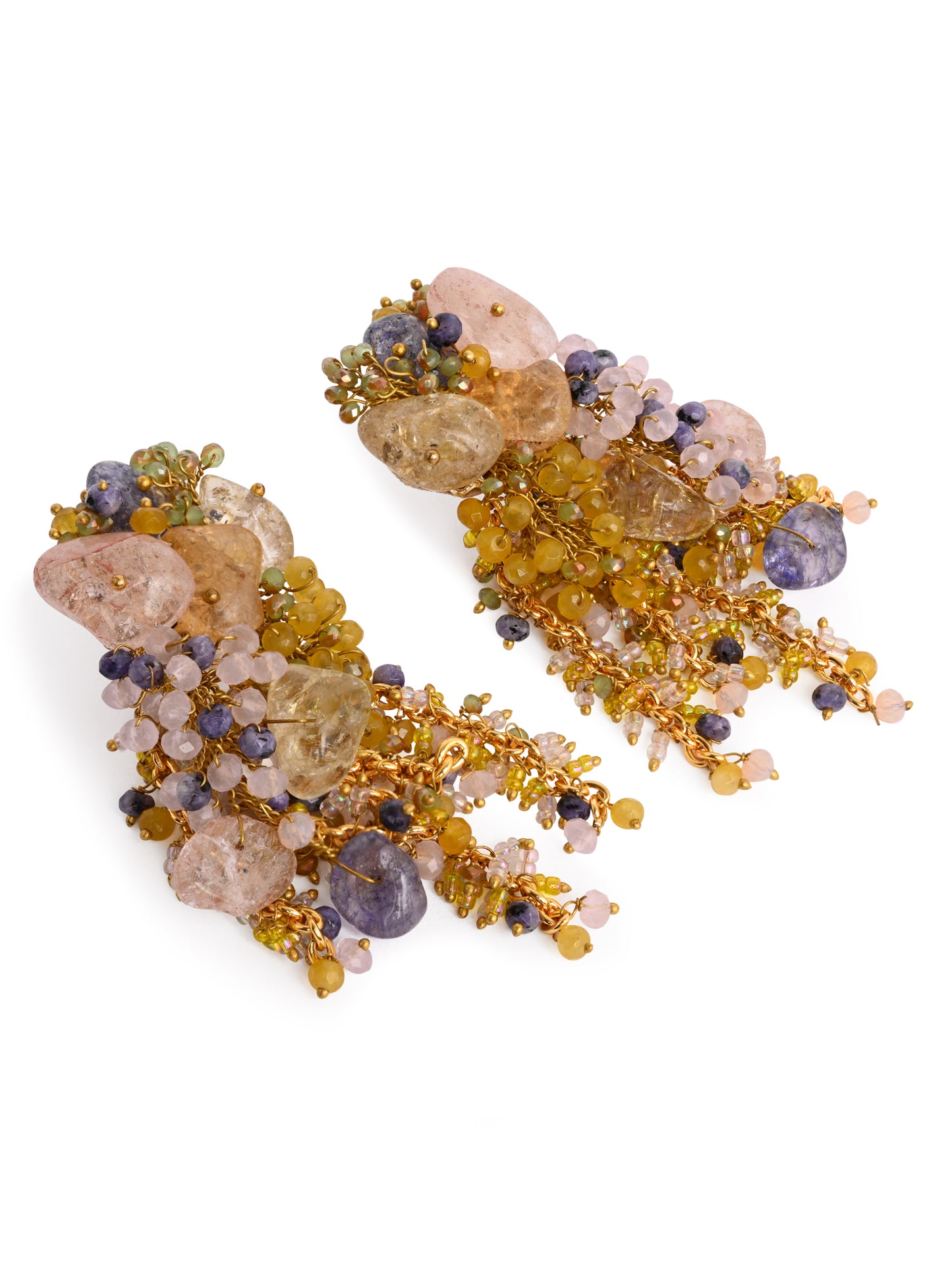 Colourful Precious Stone Gold Plated Long Chain Earrings