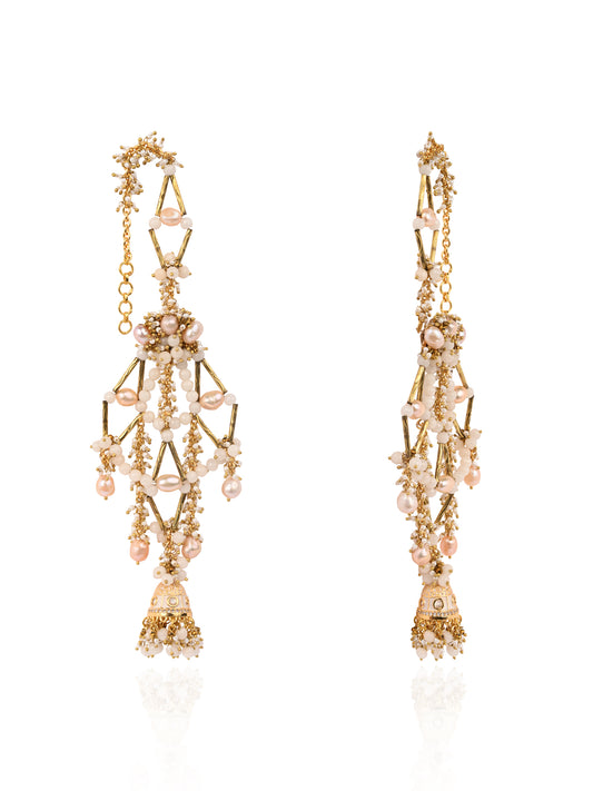 Long Gold Plated Handcrafted Earrings With Jhumka And Versatile White Stones