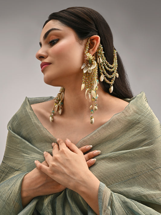 Handcrafted Multicolor Shell Earrings with Gold-Plated Kan Chain Ear Cuffs, Multi-Layered Chains, Intricate Shell Hangings & Vibrant Carnival Haldi Statement Design