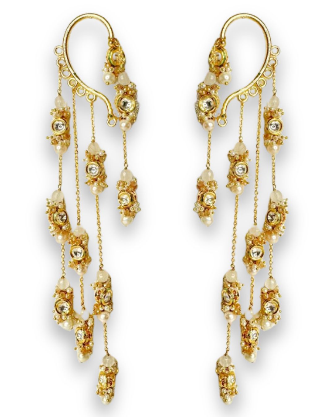 Gold Plated Kundan Layered Earcuff With Earrings Designed With White Colour Semi-Precious Stones And Light In Weight Bold Look Contemporary Style