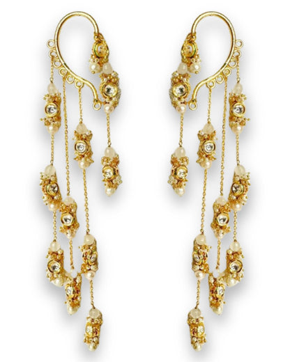 Gold Plated Kundan Layered Earcuff With Earrings Designed With White Colour Semi-Precious Stones And Light In Weight Bold Look Contemporary Style