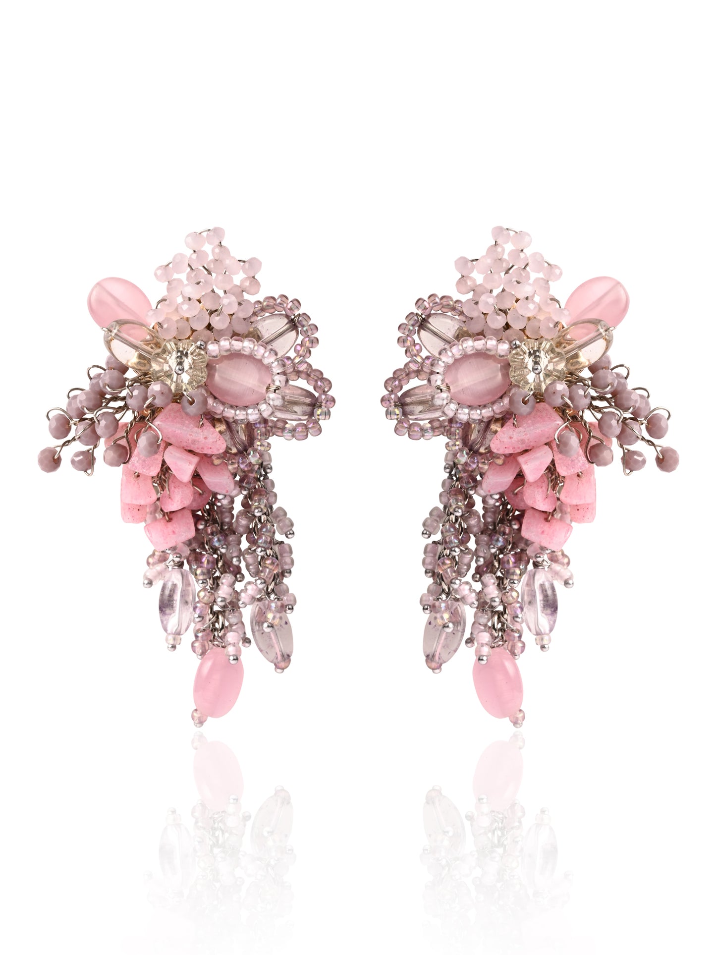 Pink And Lilac Stone Medium Size Chain Tassel Earrings