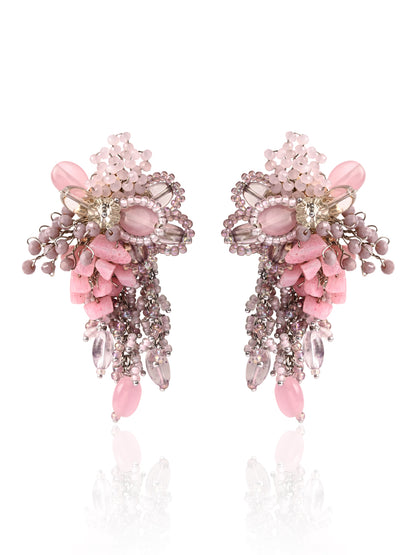 Pink And Lilac Stone Medium Size Chain Tassel Earrings