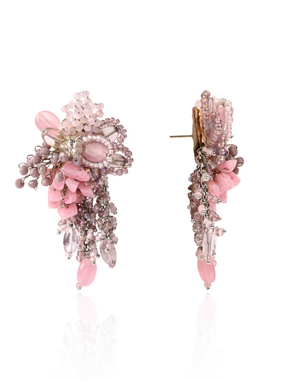 Pink And Lilac Stone Medium Size Chain Tassel Earrings