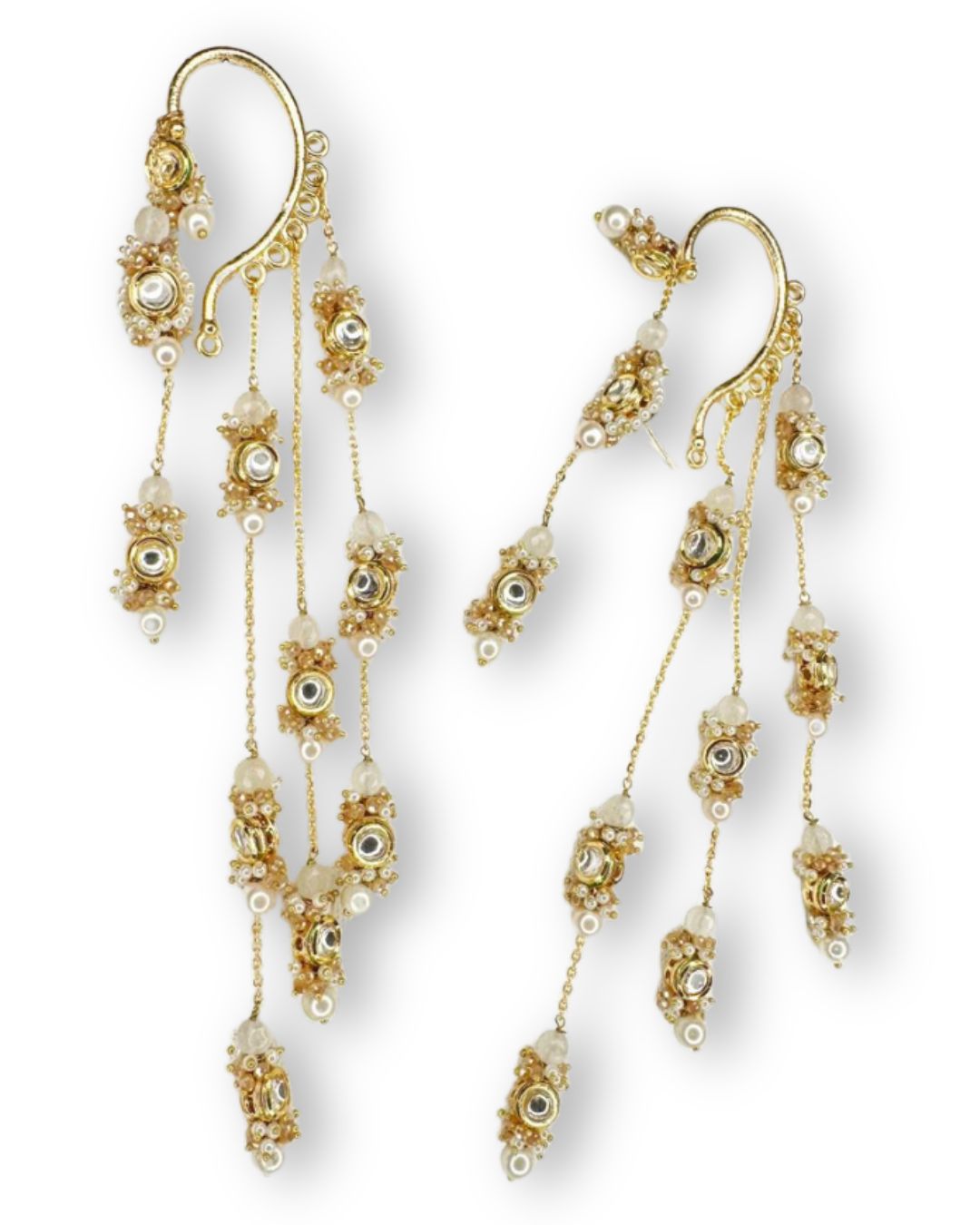 Gold Plated Kundan Layered Earcuff With Earrings Designed With White Colour Semi-Precious Stones And Light In Weight Bold Look Contemporary Style