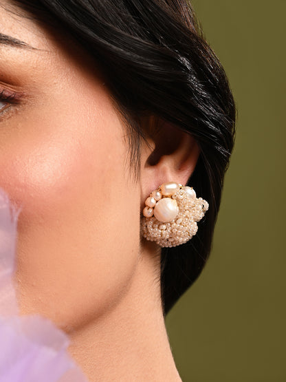 Gold Plated Round Flower Pearl Earrings Peach Crystal