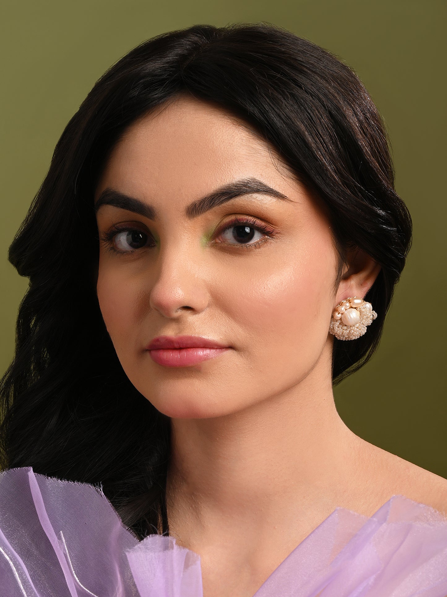 Gold Plated Round Flower Pearl Earrings Peach Crystal