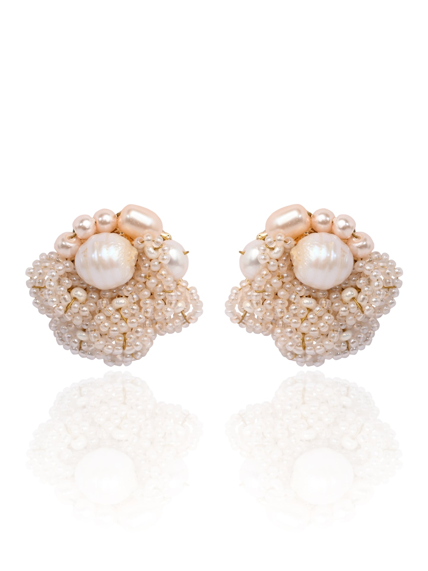 Gold Plated Round Flower Pearl Earrings Peach Crystal