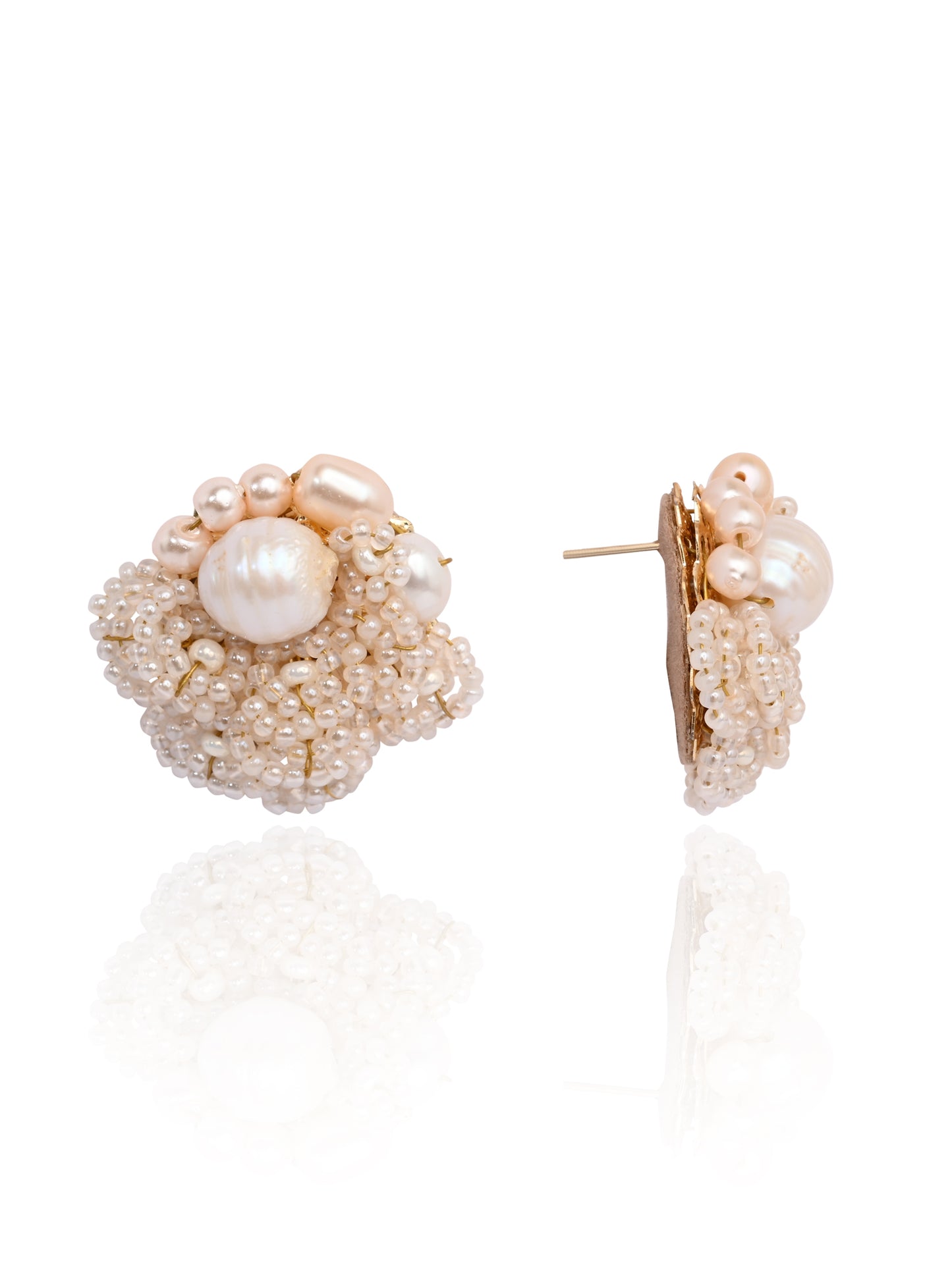 Gold Plated Round Flower Pearl Earrings Peach Crystal