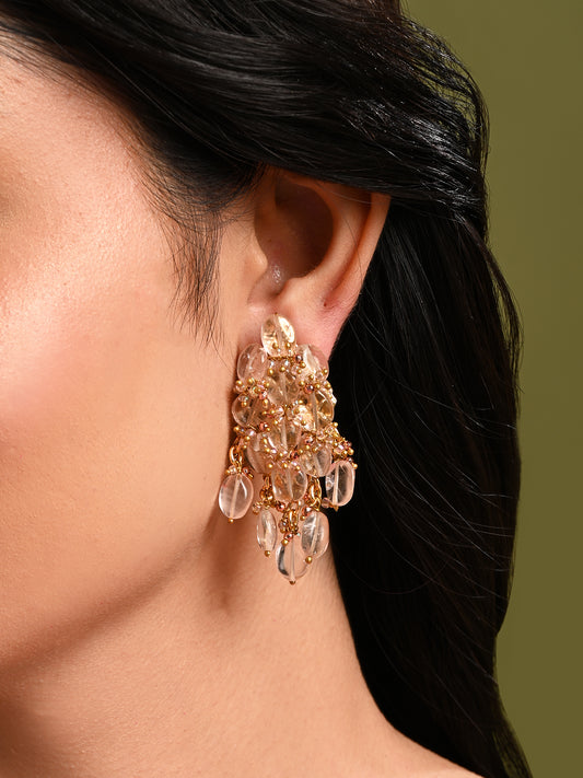 Peach Stone Oval Shape Earrings With Pink Crystal