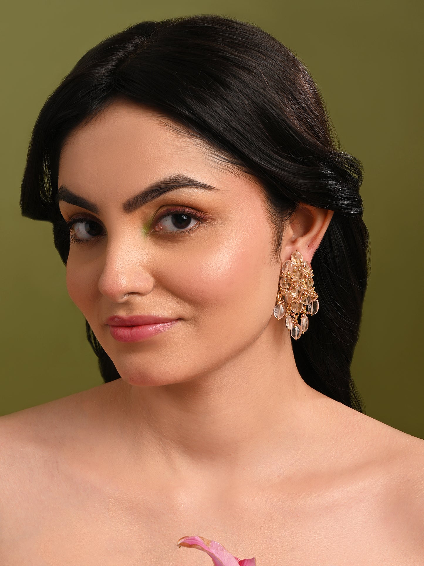 Peach Stone Oval Shape Earrings With Pink Crystal