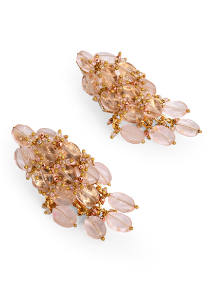 Peach Stone Oval Shape Earrings With Pink Crystal