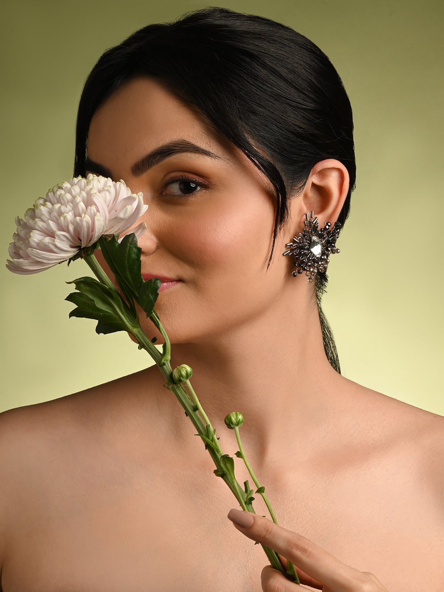 Modern Black And Silver Plated Stone Stud Earrings