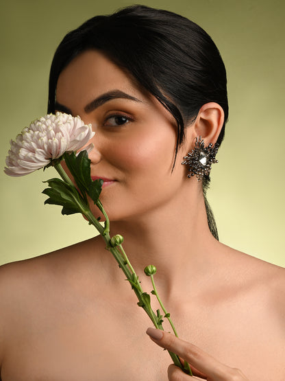 Modern Black And Silver Plated Stone Stud Earrings