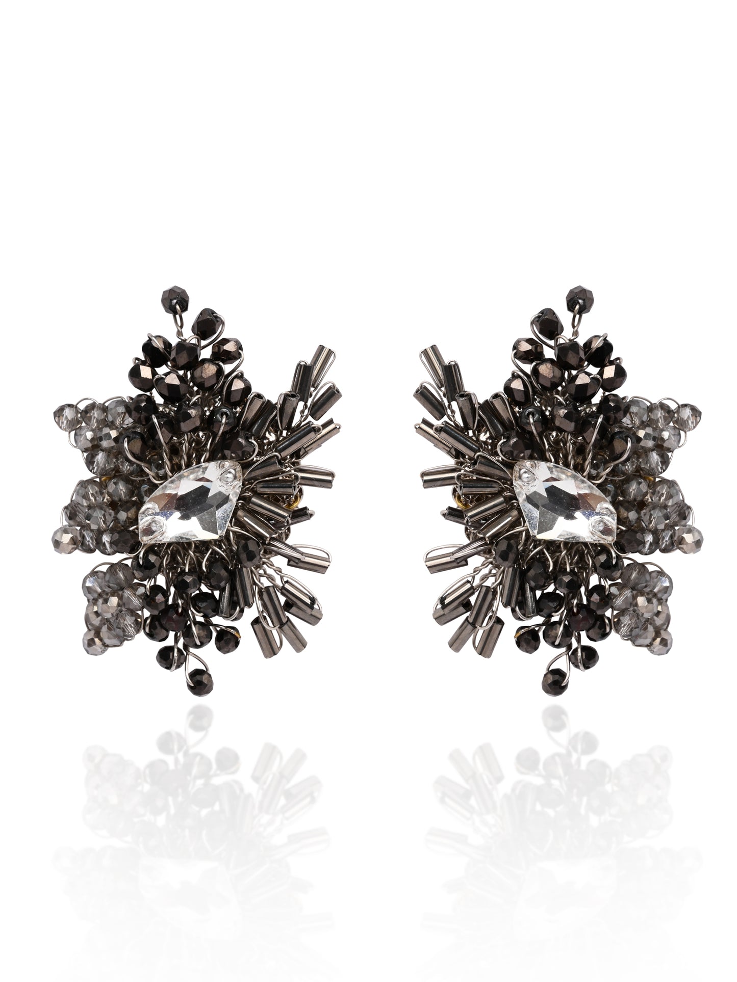 Modern Black And Silver Plated Stone Stud Earrings