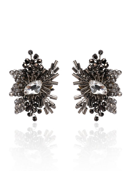 Modern Black And Silver Plated Stone Stud Earrings