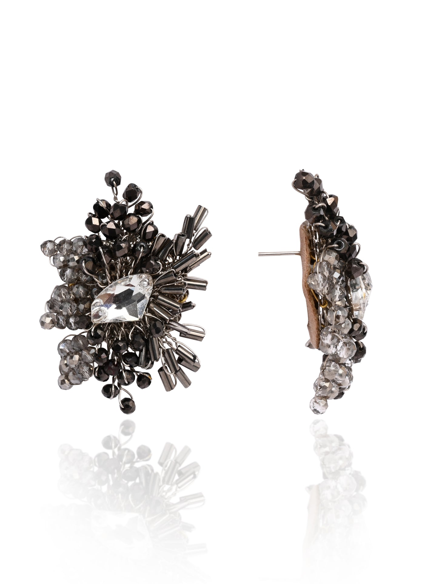 Modern Black And Silver Plated Stone Stud Earrings