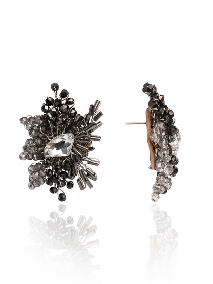 Modern Black And Silver Plated Stone Stud Earrings