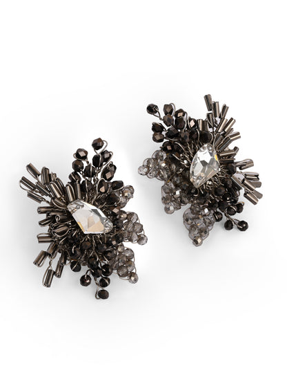 Modern Black And Silver Plated Stone Stud Earrings