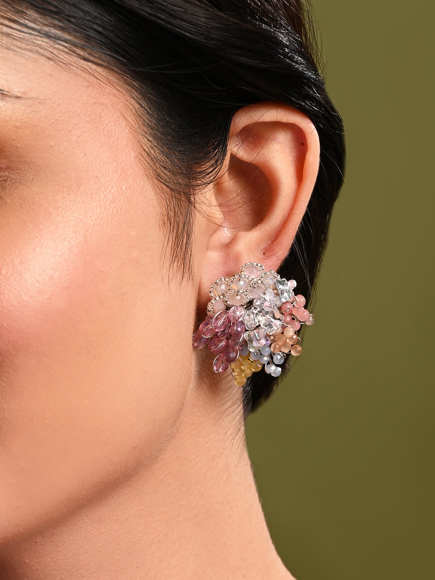 Colourful Crystal Button Earrings For Haldi Mehendi Wedding
