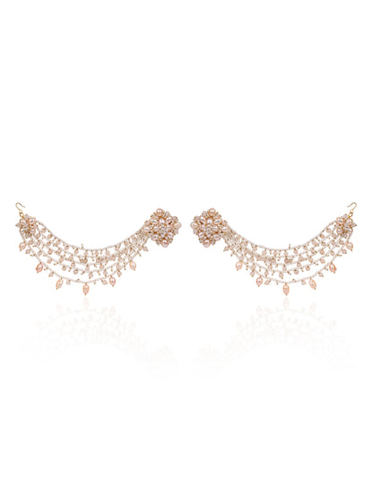 Handcrafted Peach Pearl and White Bead Multi-Strand Ear Chain Earrings with Floral Cluster Studs for Traditional and Bridal Look