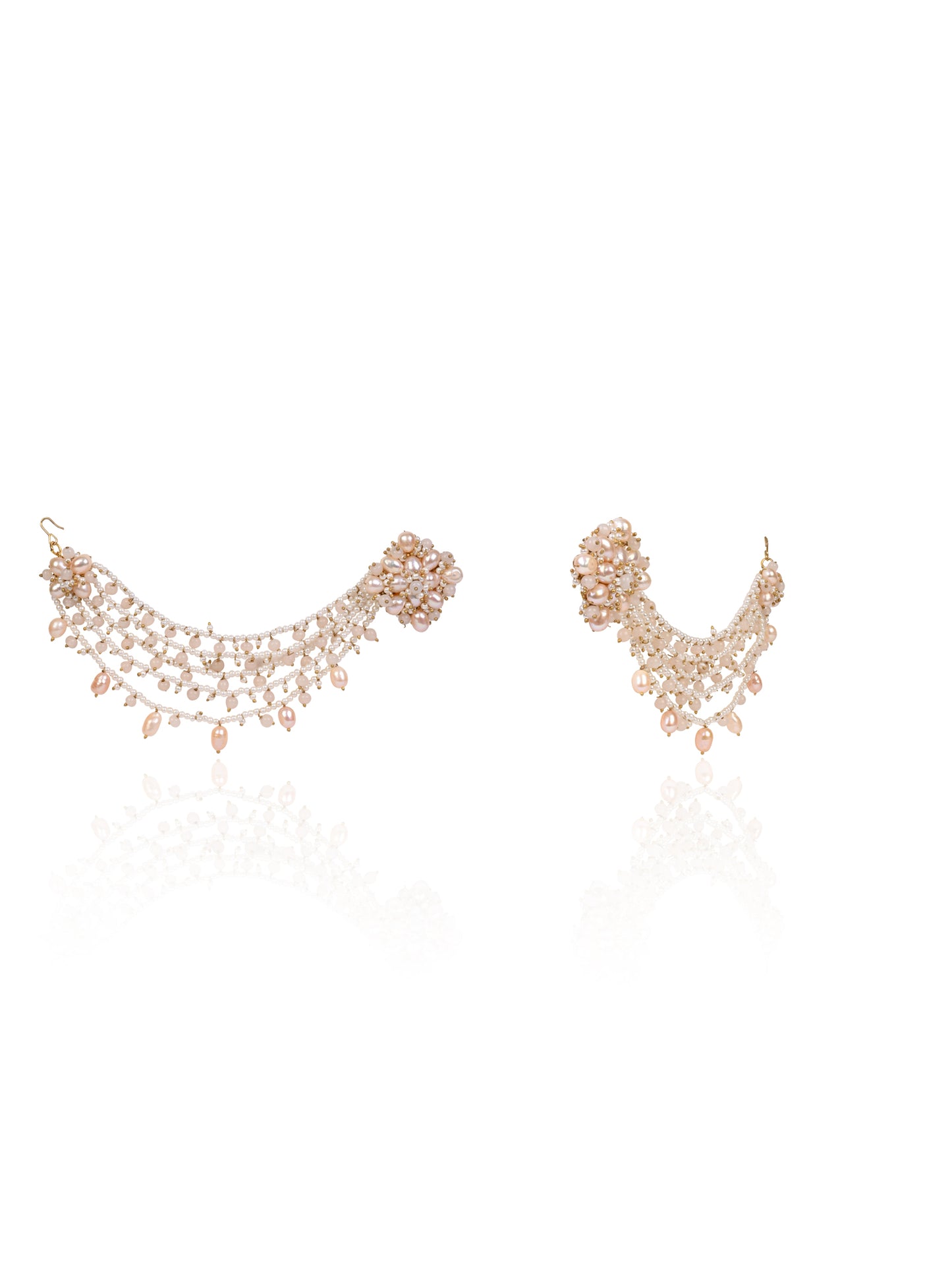 Handcrafted Peach Pearl and White Bead Multi-Strand Ear Chain Earrings with Floral Cluster Studs for Traditional and Bridal Look