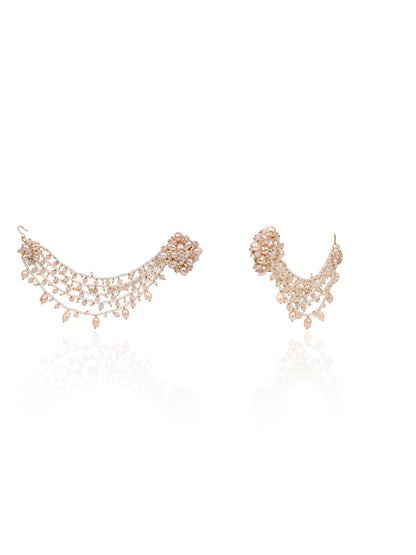 Handcrafted Peach Pearl and White Bead Multi-Strand Ear Chain Earrings with Floral Cluster Studs for Traditional and Bridal Look