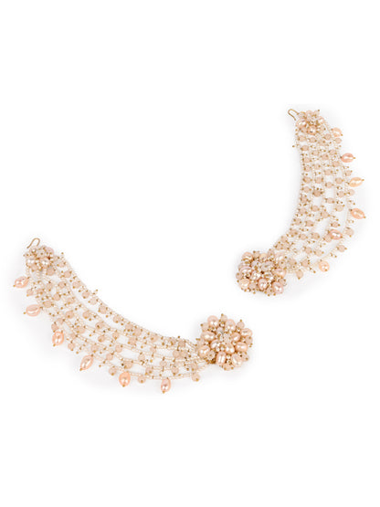 Handcrafted Peach Pearl and White Bead Multi-Strand Ear Chain Earrings with Floral Cluster Studs for Traditional and Bridal Look