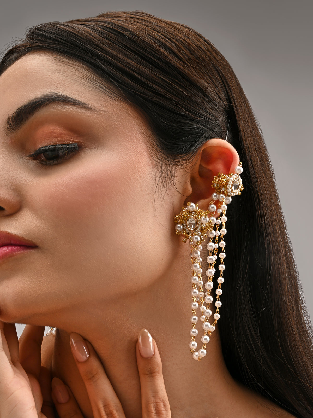 Golden Stud And Cuff With Connector Statement Earrings With Kundan Setting