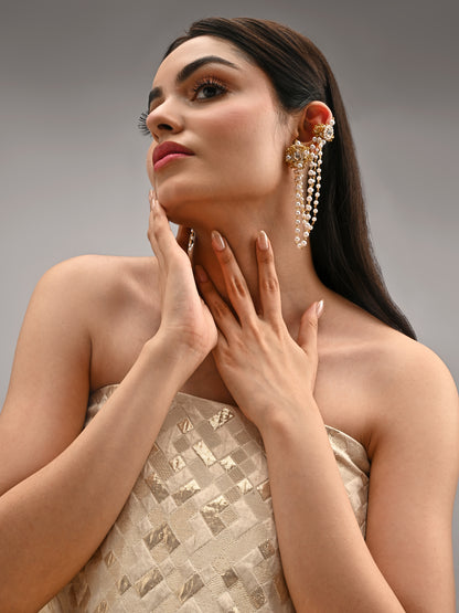 Golden Stud And Cuff With Connector Statement Earrings With Kundan Setting