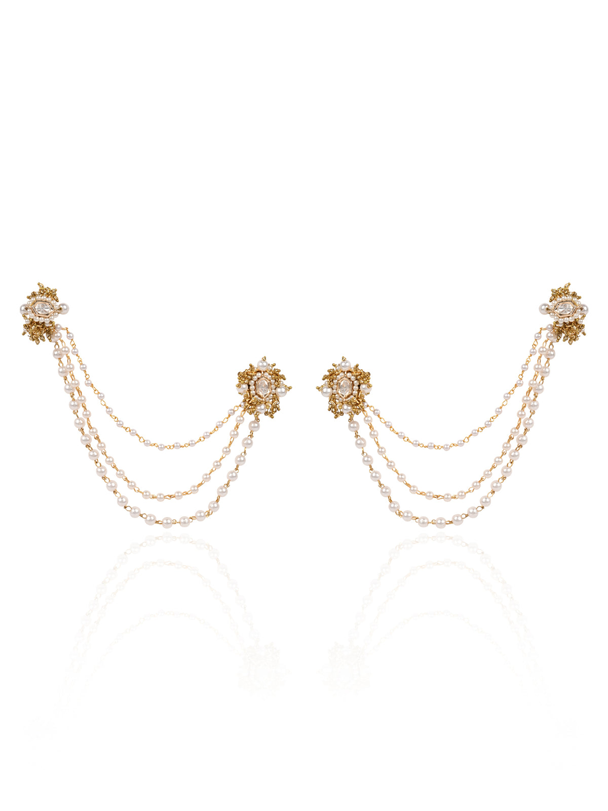 Golden Stud And Cuff With Connector Statement Earrings With Kundan Setting