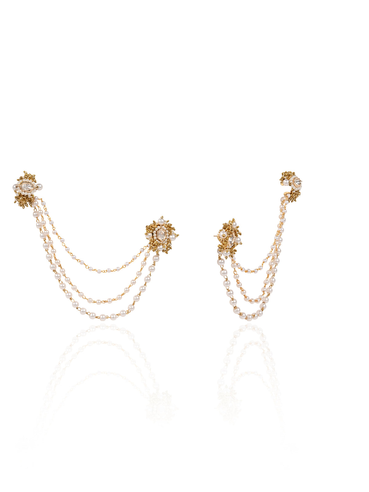 Golden Stud And Cuff With Connector Statement Earrings With Kundan Setting